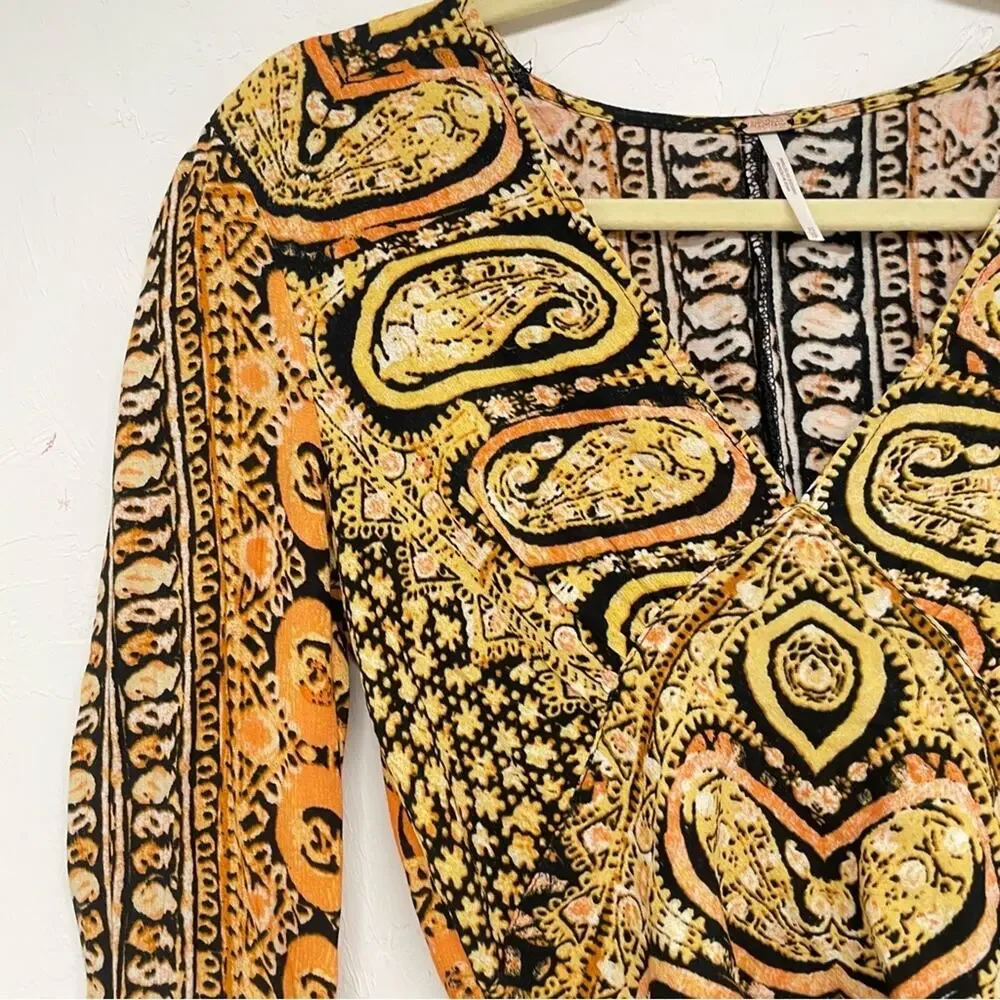 Free People Yellow & Black Printed Boho Long Sleeve Blouse Womens XS Cropped
